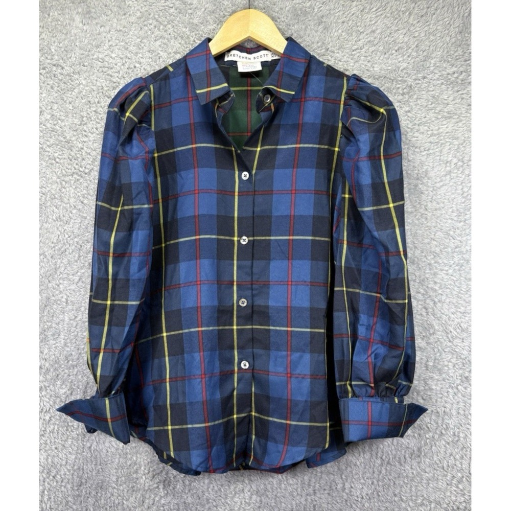 Gretchen Scott Womens XS Juliette Blouse Blue Plaid Puff Sleeve Button Up Preppy